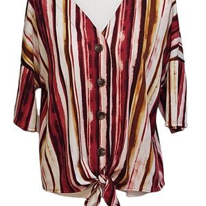 FGD Striped Button Front 3/4 Sleeve Sweater w/ Tie Waist L